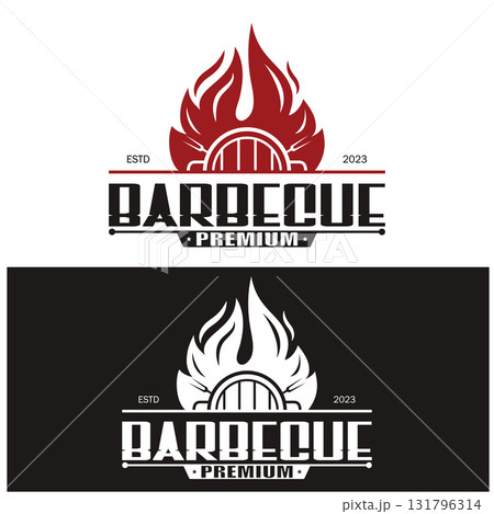 Simple Barbecue Vintage hot grill, with crossed flames and spatula. Logo for restaurant, badge, cafe and bar.vector 131796314