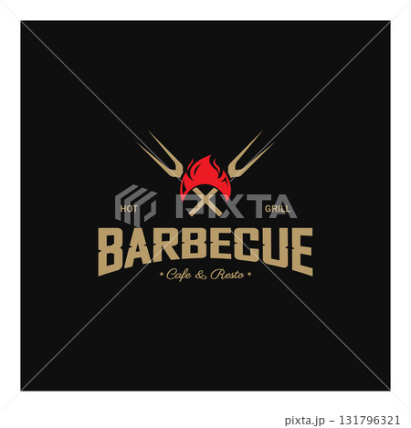 Simple Barbecue Vintage hot grill, with crossed flames and spatula. Logo for restaurant, badge, cafe and bar.vector 131796321