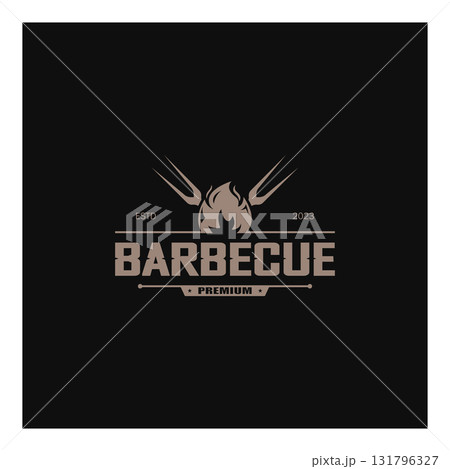 Simple Barbecue Vintage hot grill, with crossed flames and spatula. Logo for restaurant, badge, cafe and bar.vector Simple Barbecue Vintage hot grill, with crossed flames and spatula. Logo for restaurant, badge, cafe and bar.vector 131796327