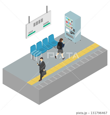 アイソメトリックイラスト:駅のホームで歩きスマホをする人 アイソメトリックイラスト:駅のホームで歩きスマホをする人 131796467