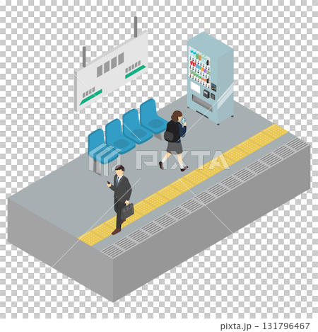 アイソメトリックイラスト:駅のホームで歩きスマホをする人 アイソメトリックイラスト:駅のホームで歩きスマホをする人 131796467