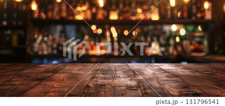 Rustic wooden bar counter with warm bokeh lights in background 131796541