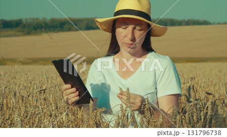A woman is in a vast field utilizing a tablet to effectively monitor the health of her crops 131796738