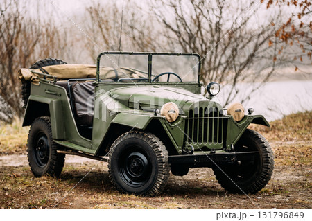 Russian Soviet World War II Four-wheel Drive Army Truck Gaz-67 Car In Forest 131796849