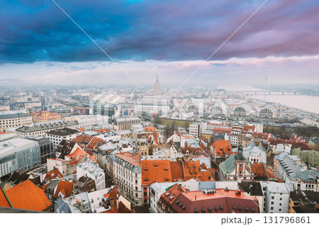 Riga, Latvia. Top View Cityscape In Misty Fog Rainy Day. Latvian Academy Of Sciences, Bus Station Riga International Coach Terminal And Riga Central Market 131796861