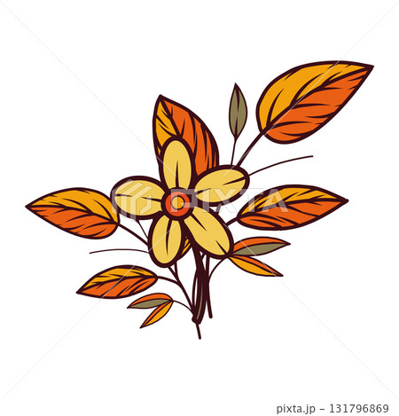 Yellow flower and autumn leaves, twigs, all objects are hand-drawn in vector. Illustration is perfect for designing postcards, invitations, printing on paper, fabric, dishes. Vector illustration Yellow flower and autumn leaves, twigs, all objects are hand-drawn in vector. Illustration is perfect for designing postcards, invitations, printing on paper, fabric, dishes. Vector illustration 131796869