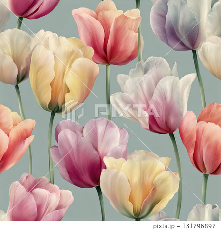 パステルカラーの幻チューリップ シームレスパターン 131796897
