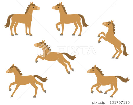 色々なポーズの茶色い馬のイラストセット 131797150