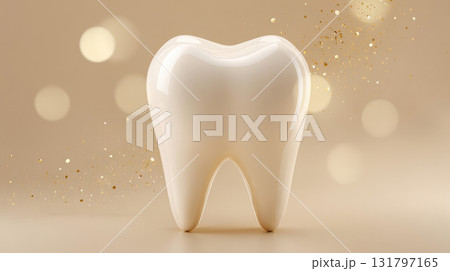 Glossy white 3D tooth on beige background with golden glitter, dental health and oral care Glossy white 3D tooth on beige background with golden glitter, dental health and oral care 131797165