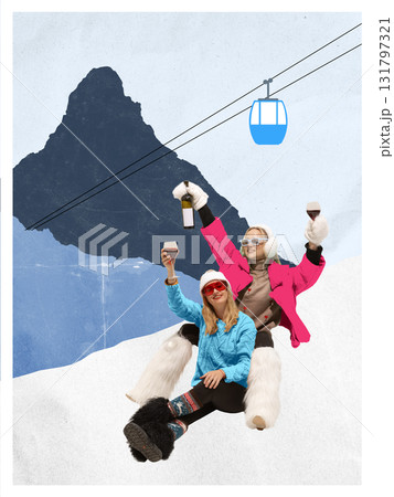 Creative digital artwork. Women celebrating on snowy mountain slope with wine. Creative digital artwork. Women celebrating on snowy mountain slope with wine. 131797321