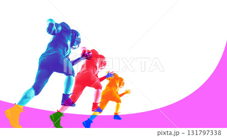 Colorful composition of running football player in motion showing determination. 131797338