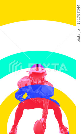 Bold colorful poster. American football player crouching in colorful concentric arcs 131797344