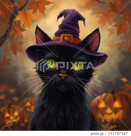 ハロウィン背景と仮装した黒猫 ハロウィン背景と仮装した黒猫 131797387