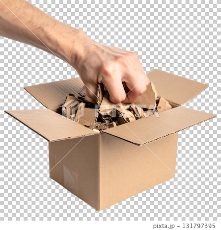 ダンボールを握りつぶす手|背景なし・透過PNG ダンボールを握りつぶす手|背景なし・透過PNG 131797395