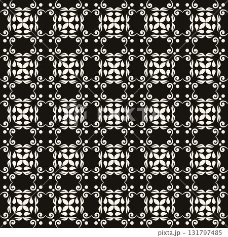 Simple minimalist geometric seamless pattern. Abstract monochrome minimal background with small floral shapes. Subtle repeat design for decor, print. 131797485
