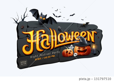 Happy Halloween text design on black broken stone wall banner concept poster design background Happy Halloween text design on black broken stone wall banner concept poster design background 131797510