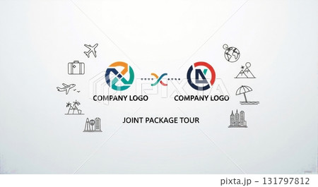 Joint package tour concept with two company logos. Business partnership and collaboration in the travel industry. Graphic illustration with travel icons and copy space 131797812