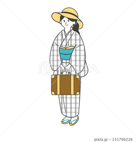 トランクを持って着物で旅行をする女性 131798226
