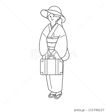 トランクを持って着物で旅行をする女性の線画 131798227