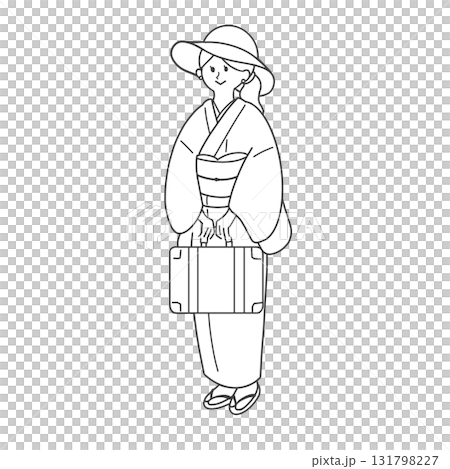 身穿和服、提著行李箱旅行的女子的線條畫 131798227