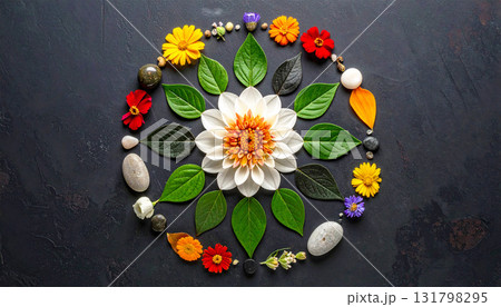 Sacred geometry mandala created with natural objects including flowers, leaves, seeds, and stones. Harmonious arrangement symbolizing balance, mindfulness, and holistic wellness 131798295