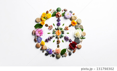 Sacred geometry mandala created with natural objects including flowers, leaves, seeds, and stones. Harmonious arrangement symbolizing balance, mindfulness, and holistic wellness 131798302