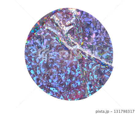 Round holographic duct foil sticker surface with wrinkles and colorful shimmer transparent on iridescent background 131798317
