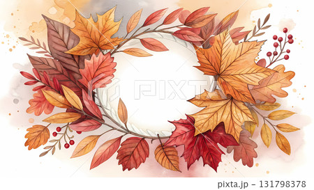 Watercolor fall wreath design with deconstructed side elements featuring autumn leaves 131798378
