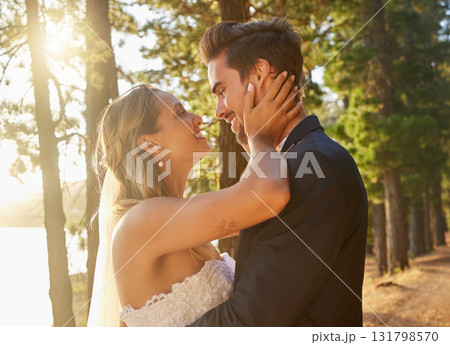 Wedding, married and love of happy couple in park, forest and nature for celebration of union, care and marriage. Bride, groom and smile in garden for romance, bridal event and celebrate commitment Wedding, married and love of happy couple in park, forest and nature for celebration of union, care and marriage. Bride, groom and smile in garden for romance, bridal event and celebrate commitment 131798570