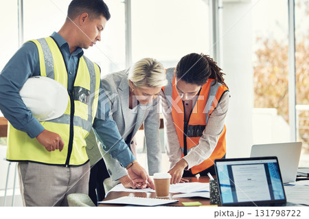 Engineering, teamwork and meeting with people in office for construction, designer and building. Collaboration, review and planning with group in architecture firm for project management and goal 131798722
