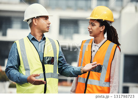 Teamwork, engineering and planning with people on construction site for project management, building and goals. Designer, collaboration and architecture with contractor for development and industry 131798723