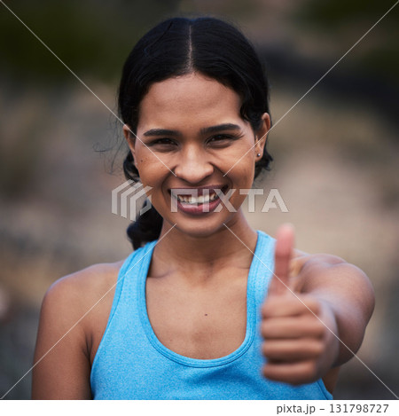 Woman, portrait or happy thumbs up for fitness win, training motivation or exercise achievement in nature park. Smile, face or runner with thumb for workout vote, wellness support or sports success Woman, portrait or happy thumbs up for fitness win, training motivation or exercise achievement in nature park. Smile, face or runner with thumb for workout vote, wellness support or sports success 131798727