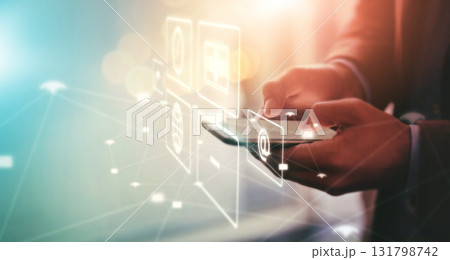 Hologram, communication and hands of businessman with a phone for notification icon, internet and search. Website, digital marketing and person with mobile or cyber interface with menu and web system Hologram, communication and hands of businessman with a phone for notification icon, internet and search. Website, digital marketing and person with mobile or cyber interface with menu and web system 131798742