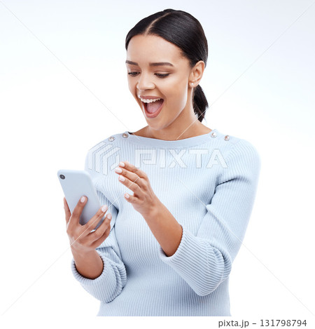 Phone news surprise, reading and happy woman shocked over mobile notification, app promotion and wow discount. OMG giveaway info, cellphone announcement and excited studio person on white background Phone news surprise, reading and happy woman shocked over mobile notification, app promotion and wow discount. OMG giveaway info, cellphone announcement and excited studio person on white background 131798794