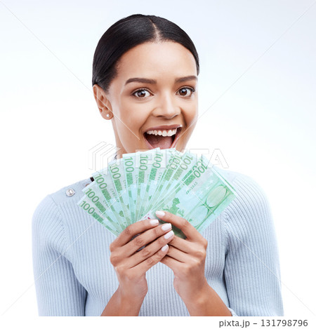 Money portrait, face or woman excited for lottery win, competition giveaway or euro cash award. Finance trading person, financial freedom or prize winner with wow studio payment on white background Money portrait, face or woman excited for lottery win, competition giveaway or euro cash award. Finance trading person, financial freedom or prize winner with wow studio payment on white background 131798796
