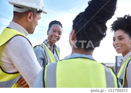 Architect, team and meeting in construction for planning, collaboration or brainstorming together on site. Group of contractor people in teamwork discussion, development or strategy for architecture 131798872