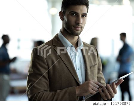 Technology, face and portrait of businessman with tablet, confident business leader in Saudi Arabia. Research, leadership and agency ceo networking, online communication in management at startup. 131798873