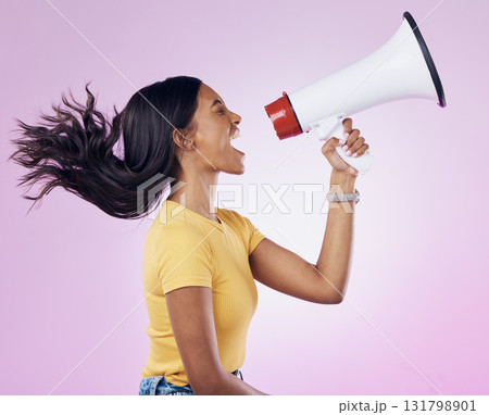 Angry megaphone announcement, shout or woman protest for revolution strike, government change or justice. Human rights voice, microphone noise speech or profile of studio speaker on purple background 131798901