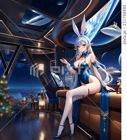 クリスマスに宇宙港に停泊中の客船のバルコニー付き一室にいるエルフ耳のバニーガール 131798995