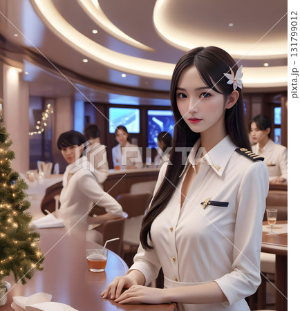 クリスマスシーズンの客船のカウンターバーで視線を集める美人日本人パーサー 131799012