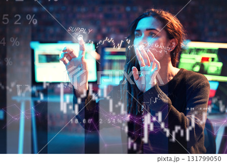 Woman hacker, finance or hologram chart in night office on stock market analytics, touch planning or growth. Financial data, girl trading or hands on 3d screen interactive ux digital graphs forecast 131799050