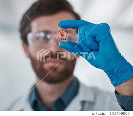 Science, research and scientist with virus, medical and sample for particle, innovation and lab test. DNA, cancer and cell with male expert in blood, bacteria and particle analysis in a laboratory Science, research and scientist with virus, medical and sample for particle, innovation and lab test. DNA, cancer and cell with male expert in blood, bacteria and particle analysis in a laboratory 131799069