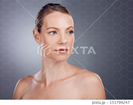 Skincare, beauty mockup and face of woman on gray background for wellness, cosmetics and makeup. Dermatology, luxury spa and girl with hexagon pattern for facial treatment, anti aging and self care Skincare, beauty mockup and face of woman on gray background for wellness, cosmetics and makeup. Dermatology, luxury spa and girl with hexagon pattern for facial treatment, anti aging and self care 131799247