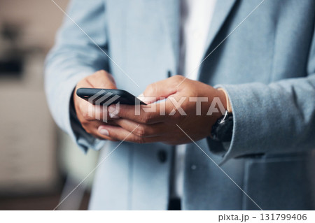 Businessman, hands and phone typing on office schedule, financial management app or investment calendar. Zoom, corporate and finance ceo on mobile technology for insurance review, research or savings 131799406