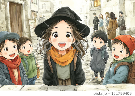 美優シリーズ：ハロウィンの夜に街で子どもたちと笑顔で話す高校生魔女美優 131799409