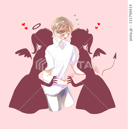 天使と悪魔のシルエットに挟まれている男性 赤面 困惑 天使と悪魔のシルエットに挟まれている男性 赤面 困惑 131799414