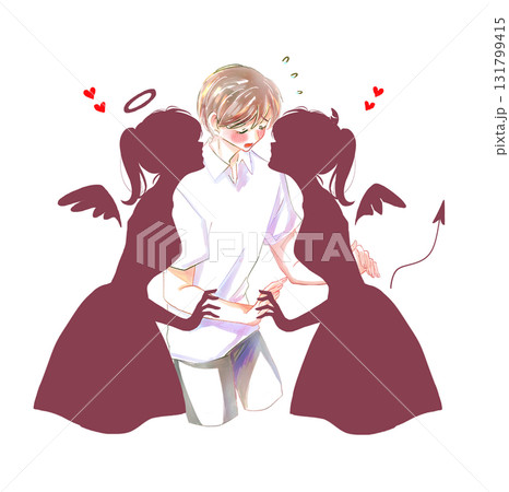 天使と悪魔のシルエットに挟まれている男性 赤面 困惑 天使と悪魔のシルエットに挟まれている男性 赤面 困惑 131799415
