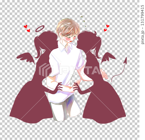 天使と悪魔のシルエットに挟まれている男性 赤面 困惑 天使と悪魔のシルエットに挟まれている男性 赤面 困惑 131799415