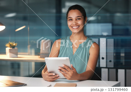 Office tablet, night portrait and black woman editing social network article, digital website or online web blog. Happy research employee, media business and journalist working overtime on news post Office tablet, night portrait and black woman editing social network article, digital website or online web blog. Happy research employee, media business and journalist working overtime on news post 131799460