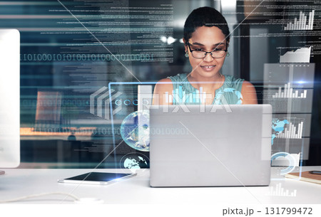 Laptop hologram hud, working and woman review finance chart, stock market database or futuristic night overlay. Forex investment, online data analysis or African trader trading NFT, bitcoin or crypto 131799472